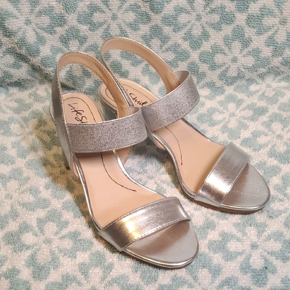 Life Stride Silver Prom Heels with Chunky Heel and Elastic Ankle Strap